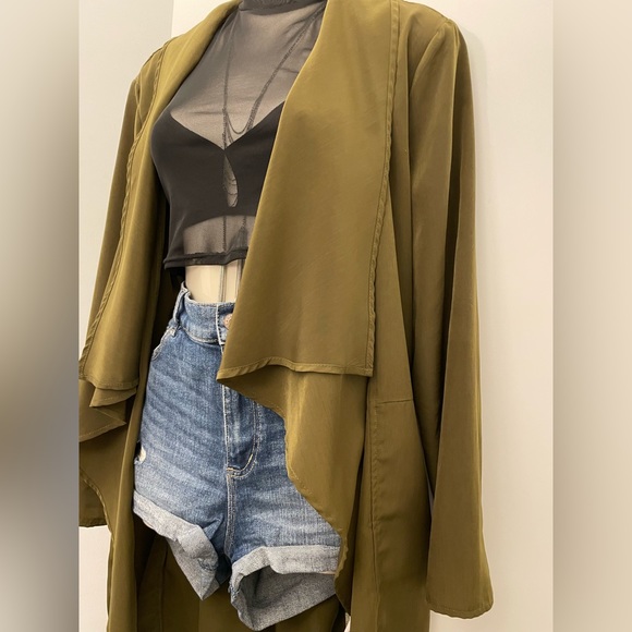 Olive green silky mid length trench coat - Picture 5 of 5